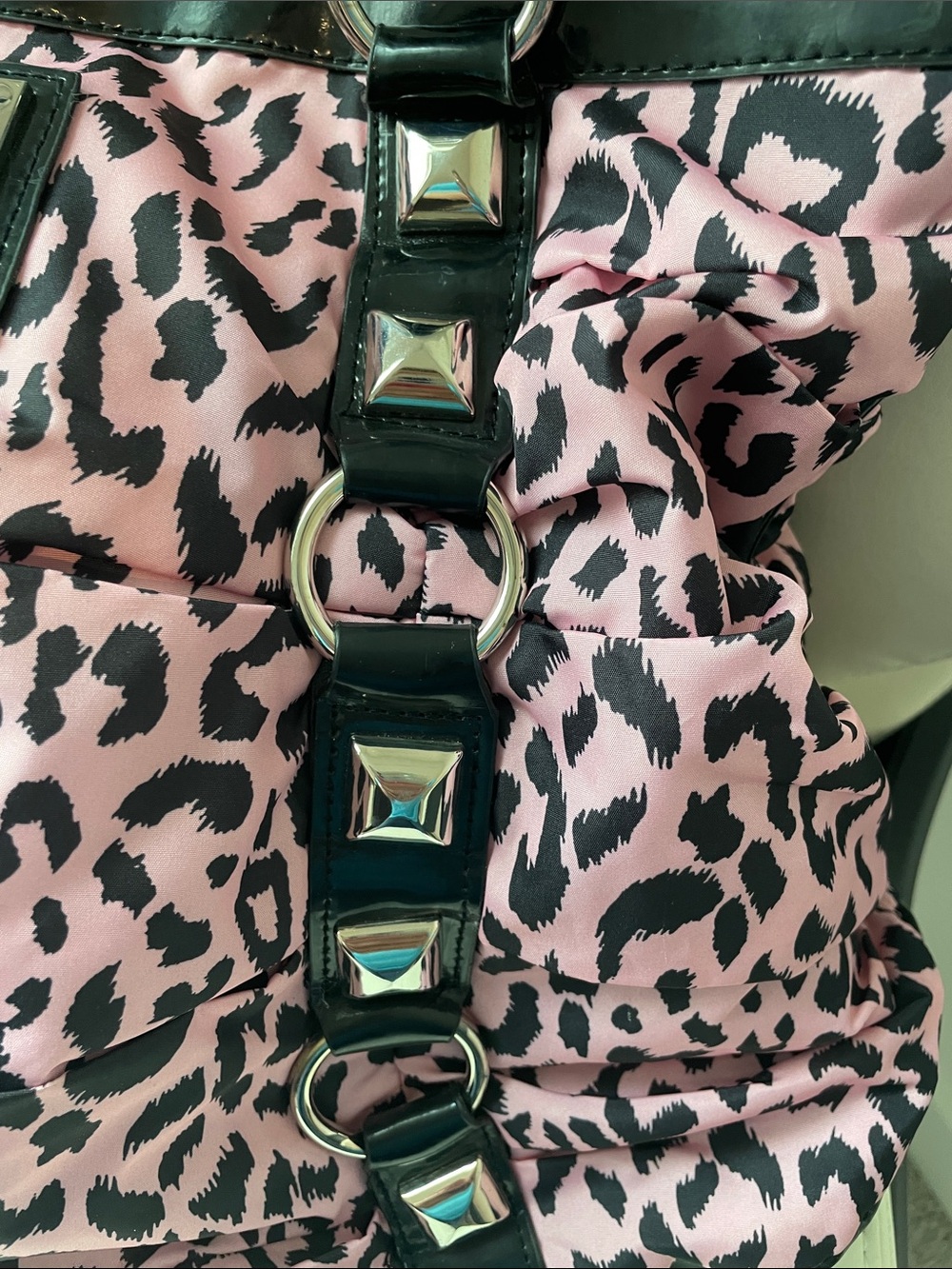 Betsey Johnson Pink and Black Leopard Print Tote with Stud Accents - Picture 3 of 5